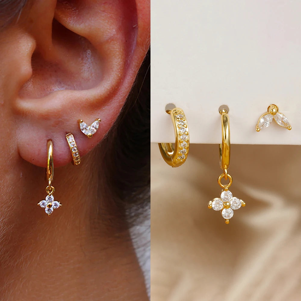 Elegante conjunto de pendientes colgantes con flor de circonita