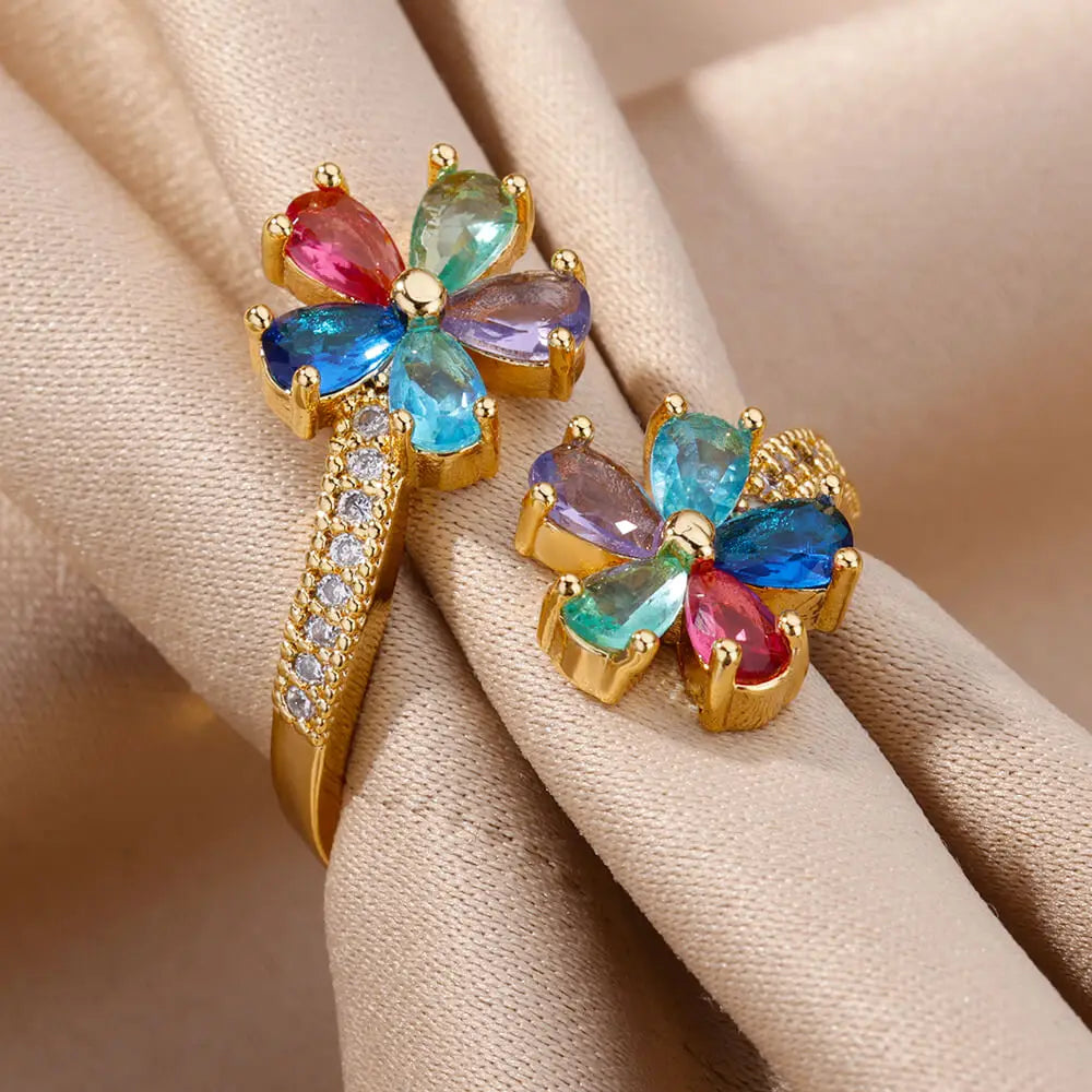 Anillo de doble flor con circonitas de colores para mujer