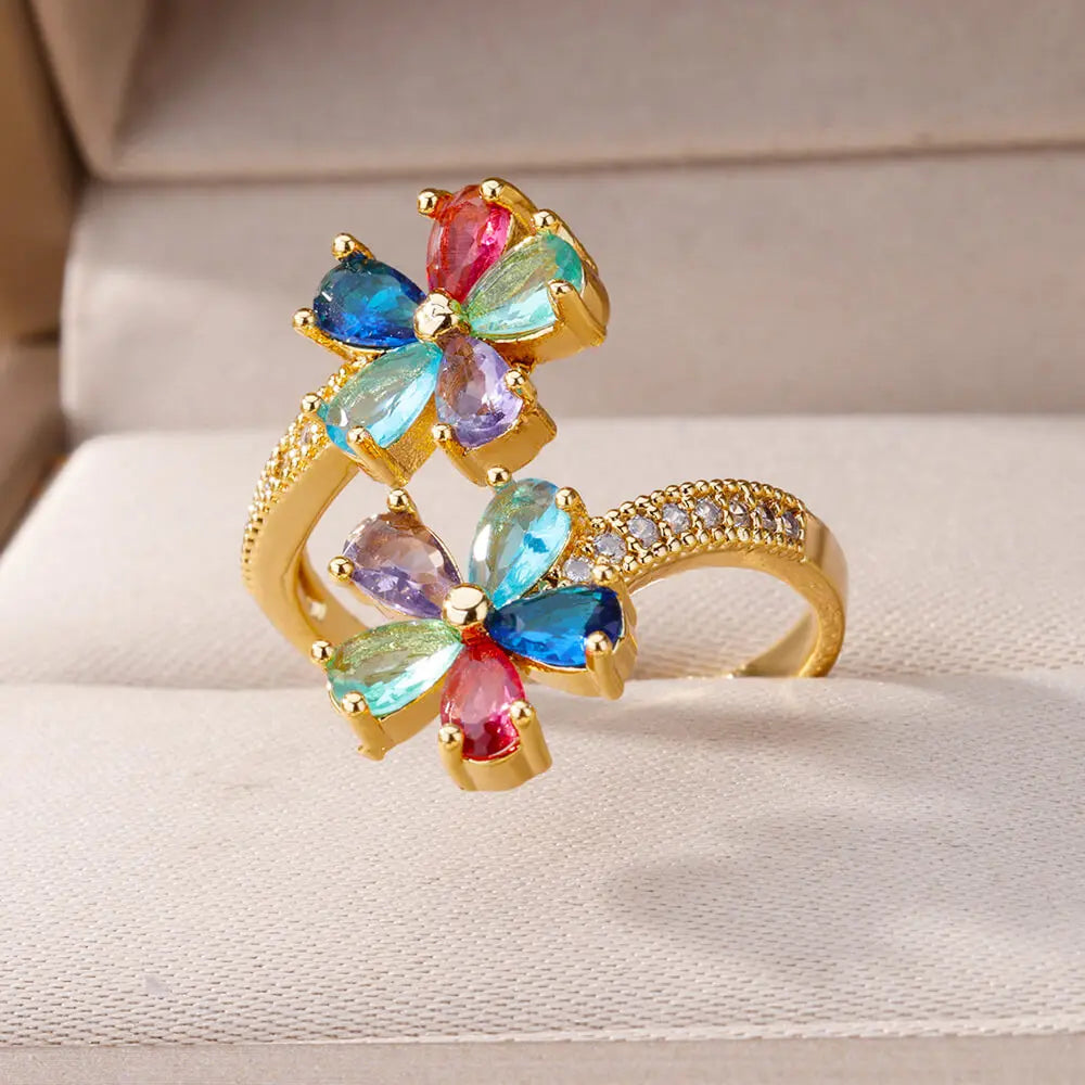 Anillo de doble flor con circonitas de colores para mujer