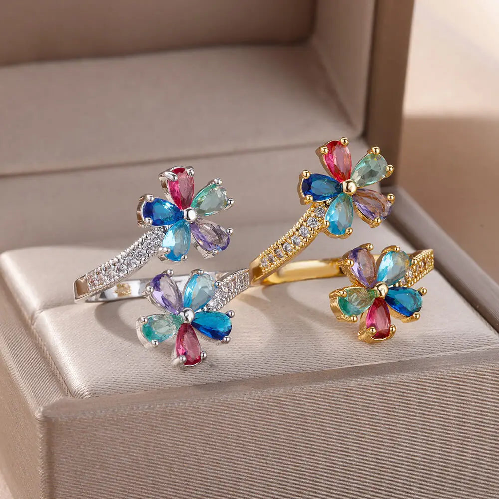 Anillo de doble flor con circonitas de colores para mujer