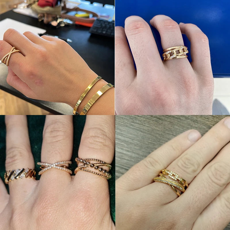 Elegante anillo de circonia con baño de oro en acero inoxidable ajustable
