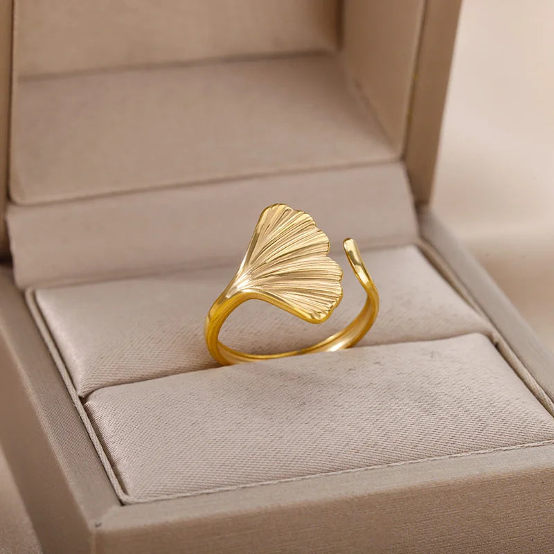 Anillo de hoja de ginkgo biloba de acero inoxidable plateado y dorado