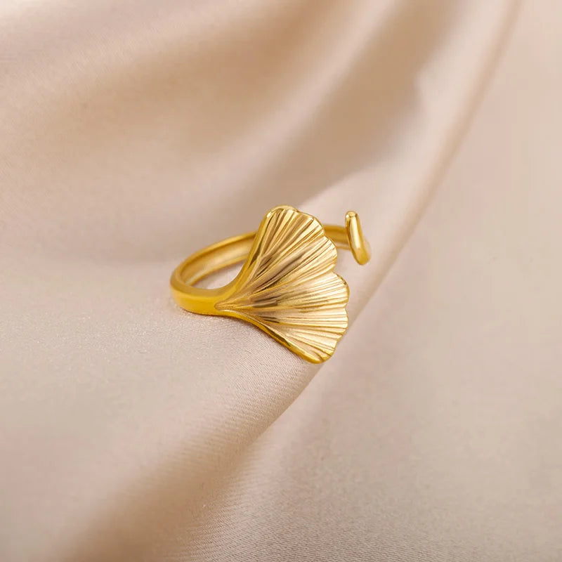 Anillo de hoja de ginkgo biloba de acero inoxidable plateado y dorado