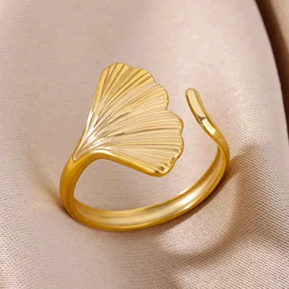 Anillo de hoja de ginkgo biloba de acero inoxidable plateado y dorado