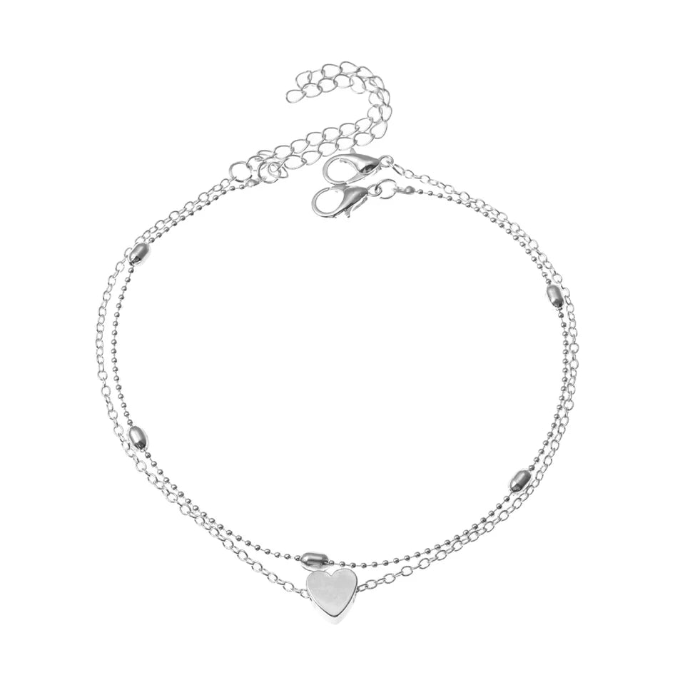 Tobillera multicapa sencilla con forma de corazón para mujer