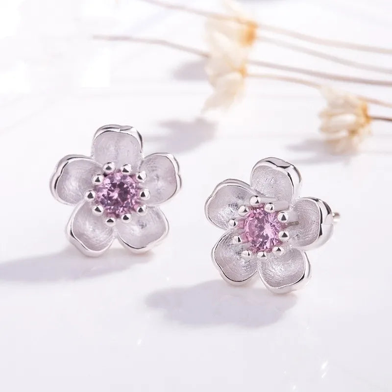 Pendientes de plata con circonita rosa y flor de cerezo