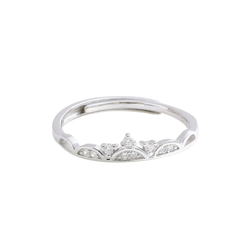 Anillo abierto brillante con corona de plata para mujer