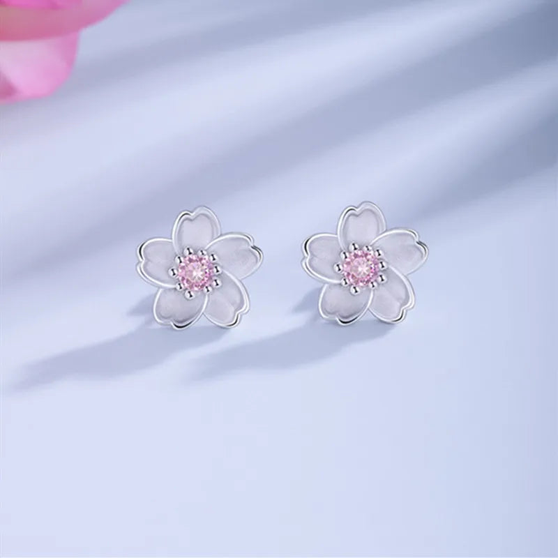 Pendientes de plata con circonita rosa y flor de cerezo