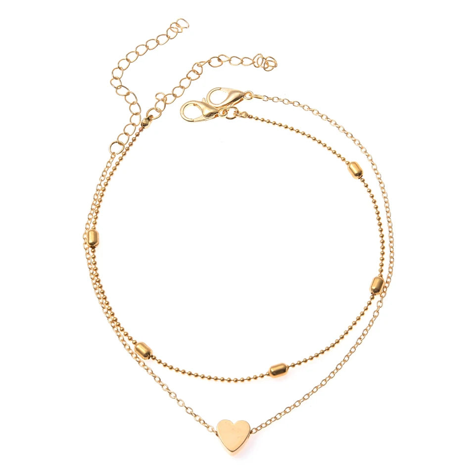 Tobillera multicapa sencilla con forma de corazón para mujer