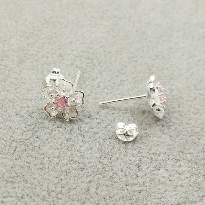 Pendientes de plata con circonita rosa y flor de cerezo
