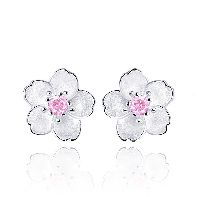 Pendientes de plata con circonita rosa y flor de cerezo