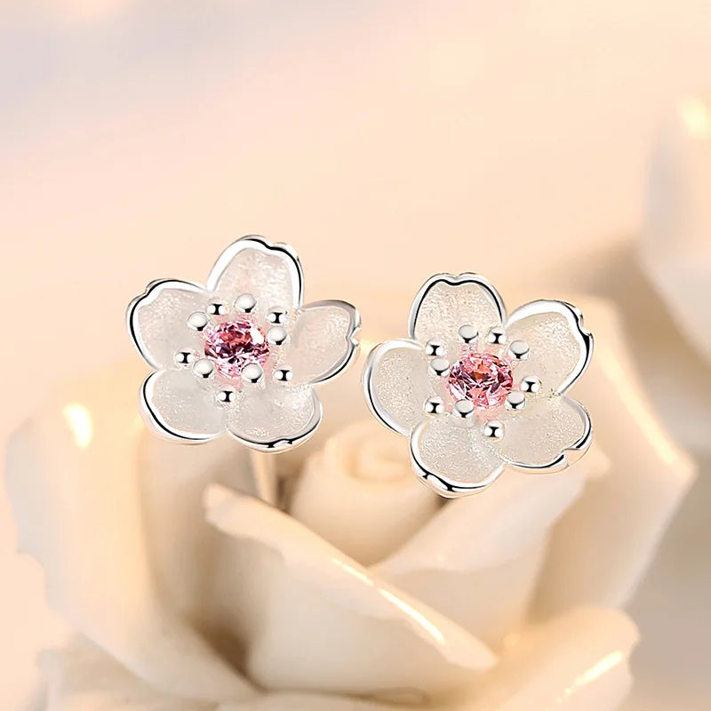 Pendientes de plata con circonita rosa y flor de cerezo