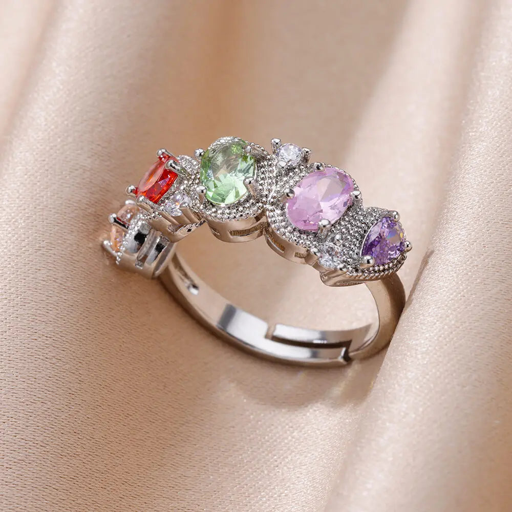 Anillo ajustable de acero inoxidable con circonitas en forma de gota de agua