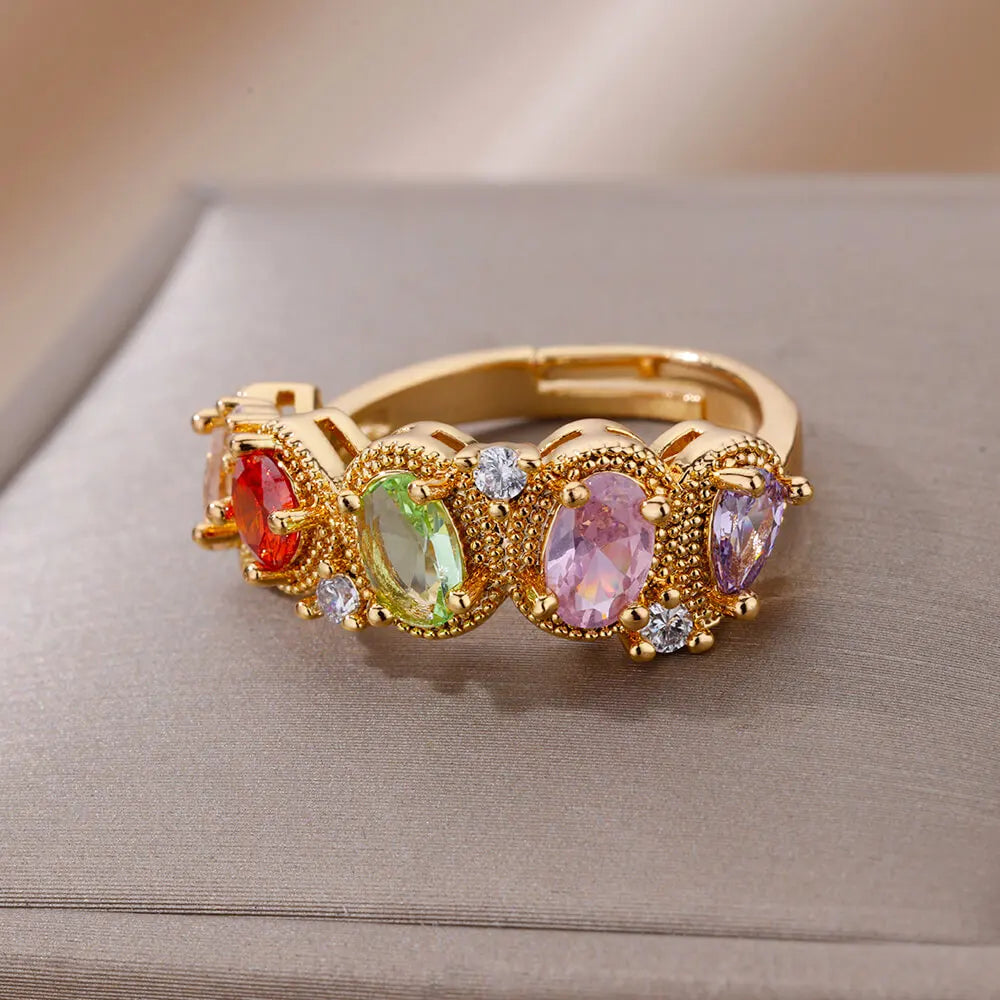 Anillo ajustable de acero inoxidable con circonitas en forma de gota de agua