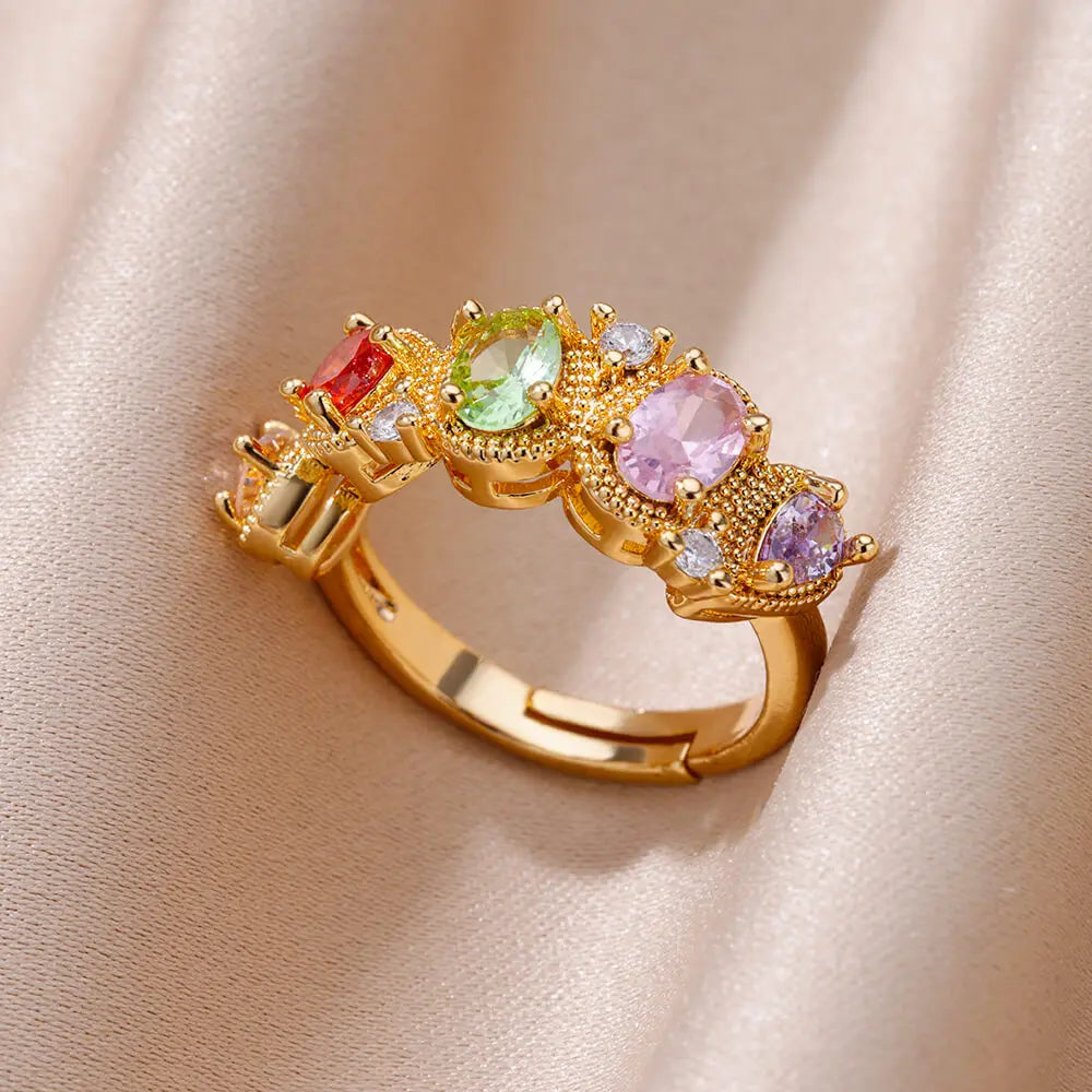 Anillo ajustable de acero inoxidable con circonitas en forma de gota de agua
