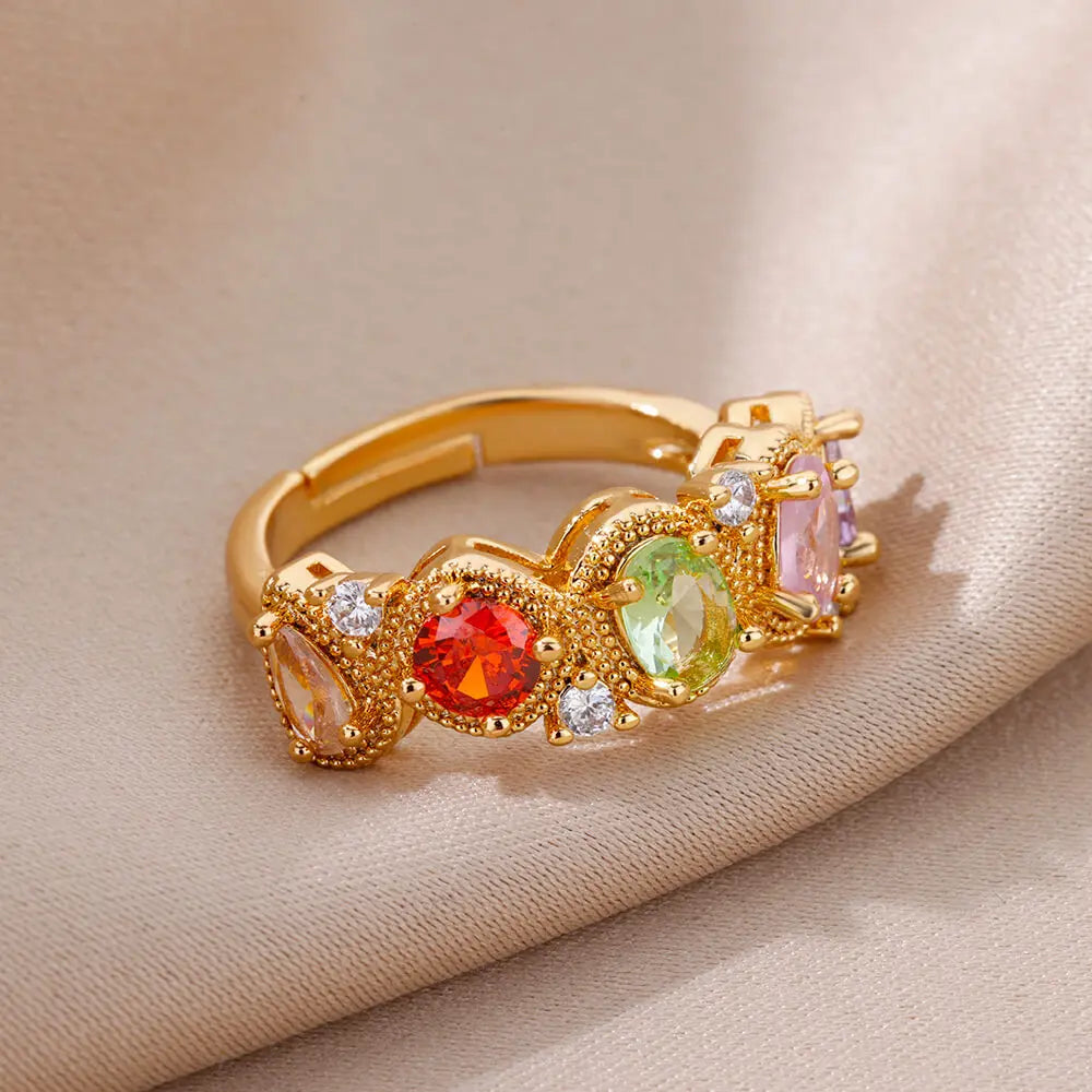 Anillo ajustable de acero inoxidable con circonitas en forma de gota de agua