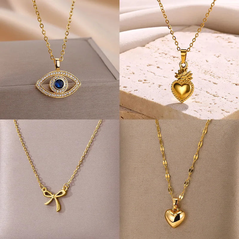 Collar con colgante de ojo malvado de circonita dorada para mujer