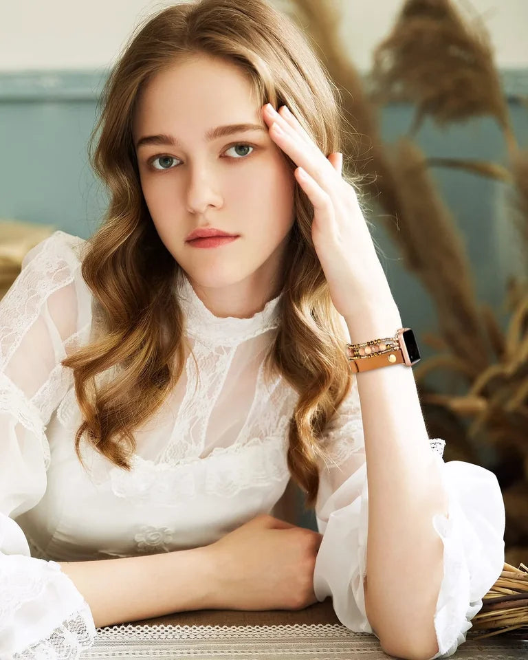 Pulsera elástica de cuero con cuentas para Apple Watch