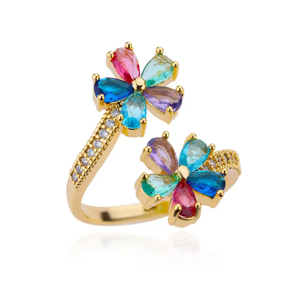Anillo de doble flor con circonitas de colores para mujer