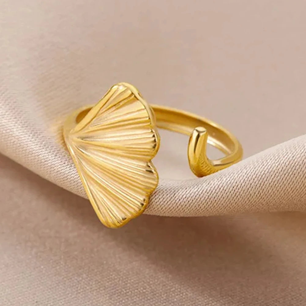 Anillo de hoja de ginkgo biloba de acero inoxidable plateado y dorado