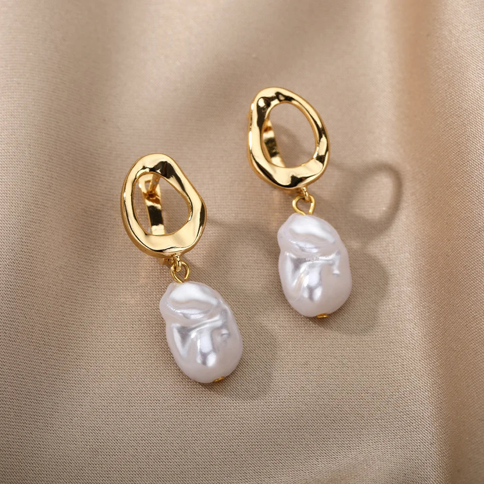 Pendientes de perlas irregulares para mujer, joyería de acero inoxidable
