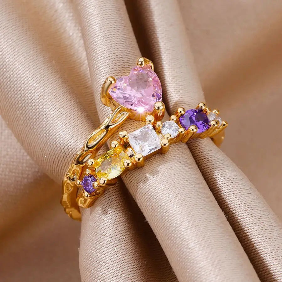 Anillo de acero inoxidable multicapa con circonitas de colores