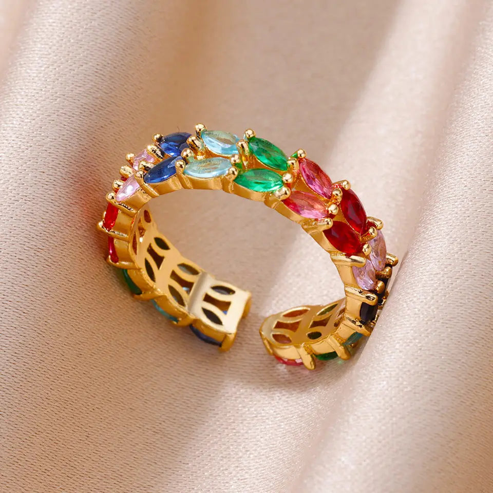 Anillo de acero inoxidable multicapa con circonitas de colores