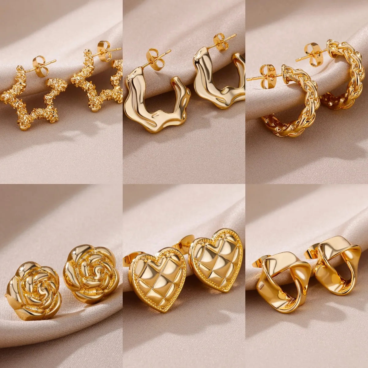 Pendientes de aro con forma de corazón de acero inoxidable dorado de moda
