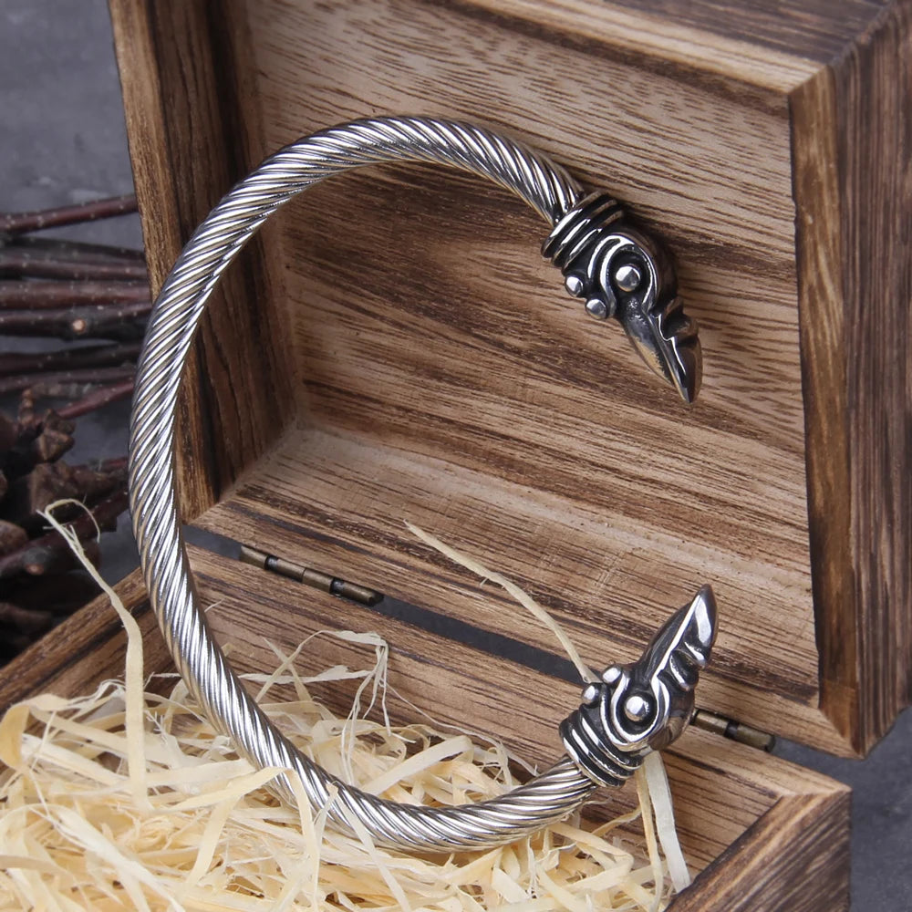 Pulsera ajustable de acero inoxidable con diseño de cuervo nordico vikingo
