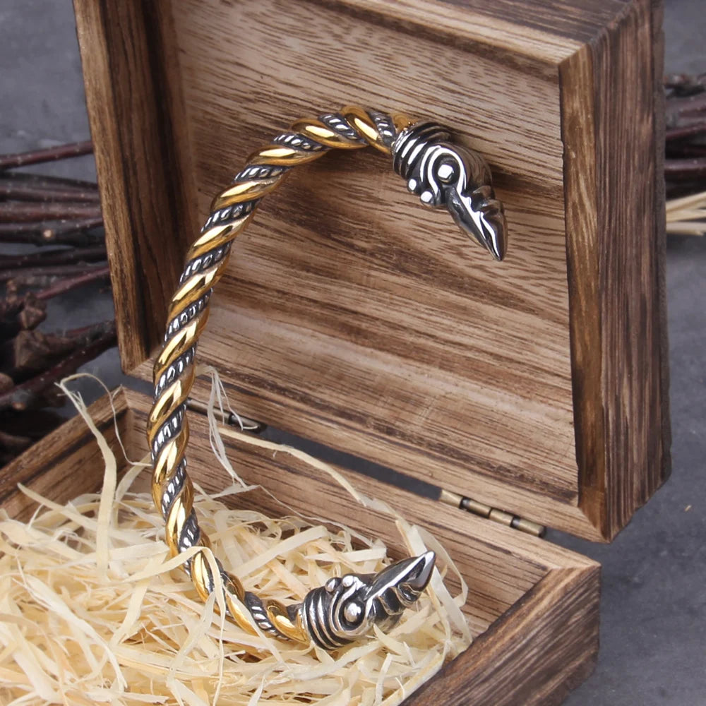 Pulsera ajustable de acero inoxidable con diseño de cuervo nordico vikingo