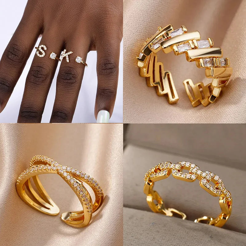 Anillo ajustable de acero inoxidable con baño 18k con hermosas circonias con letras unisex